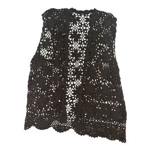 ✨ Black Crochet Lace Vest • Boho • Open Front • Layering Piece